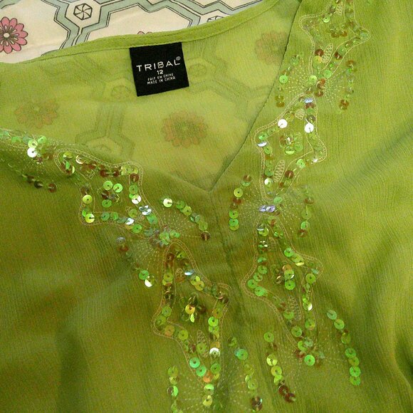 Lime Green Sequinned Whimsical Blouse - Picture 2 of 3